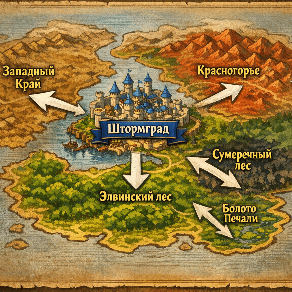 Карта зон вокруг Штормграда WotLK 3.3.5 - Элвинский лес, Западный Край, Красногорье, Сумеречный лес